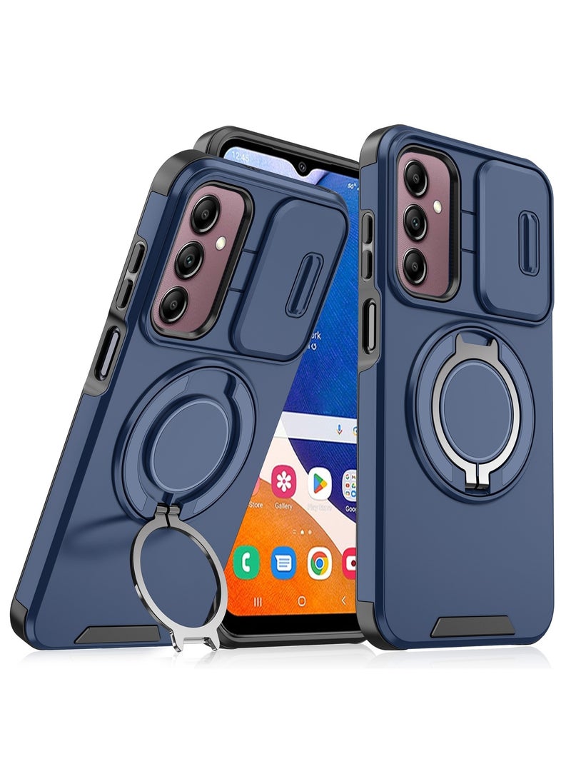 جولدن ماسك لهاتف سامسونج جالاكسي اية 14/ اية 14 5جى (Samsung Galaxy A14/A14 5G) جراب هاتف مزودة بحلقة ممعدنيه لحامل الهاتف وسليد لحماية الكاميرا - (ازرق)