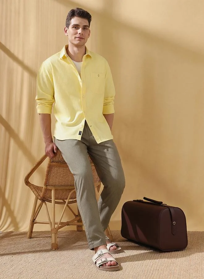 Dennis Lingo Men's Yellow 100% Cotton Solid Pattern Button Down Regular FiT-Shirt