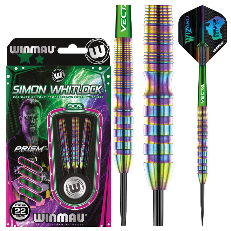 Winmau Simon Whitlock Urban World Cup Edition 22 Gram Professional Steeltip Tungsten Darts Set with Flights and Stems Shafts - Image 2