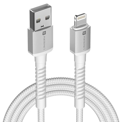 Portronics Konnect X USB to 8 Pin Cable with 3A Output, Fast Charging & Data Transfer, Nylon Braided, Aluminium Alloy Shell, 1M Length compatible with 8 PIN Devices(White) - Image 1