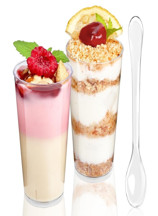 TOFLEN 50 Pack 3 oz Round Mini Dessert Cups with Spoons Clear Plastic Dessert Shooter Cups for for Party, Yogurt, Parfait, Cheesecake, Pudding, Jello and Appetizers - Image 1