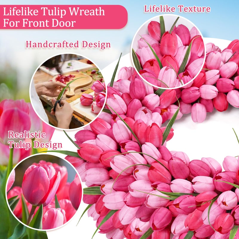 Zmtyykh Pink Tulip Wreath Spring Wreaths for Front Door Zmtyykh Artificial Floral Door Wreath for Valentineâ€™s Day Easter Summer Decor for Outdoor Indoor Window Wall Front Porch Farmhouse Home 22 Inch - Image 3