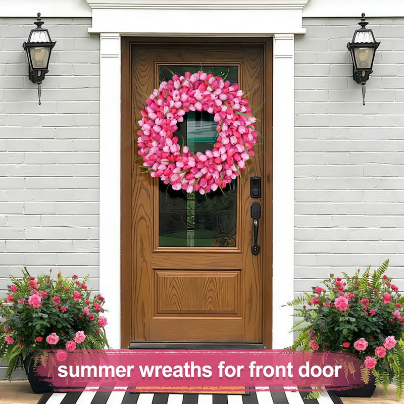 Zmtyykh Pink Tulip Wreath Spring Wreaths for Front Door Zmtyykh Artificial Floral Door Wreath for Valentineâ€™s Day Easter Summer Decor for Outdoor Indoor Window Wall Front Porch Farmhouse Home 22 Inch - Image 4
