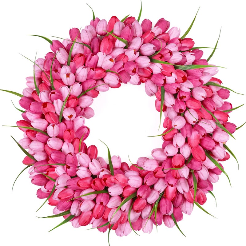 Zmtyykh Pink Tulip Wreath Spring Wreaths for Front Door Zmtyykh Artificial Floral Door Wreath for Valentineâ€™s Day Easter Summer Decor for Outdoor Indoor Window Wall Front Porch Farmhouse Home 22 Inch - Image 1