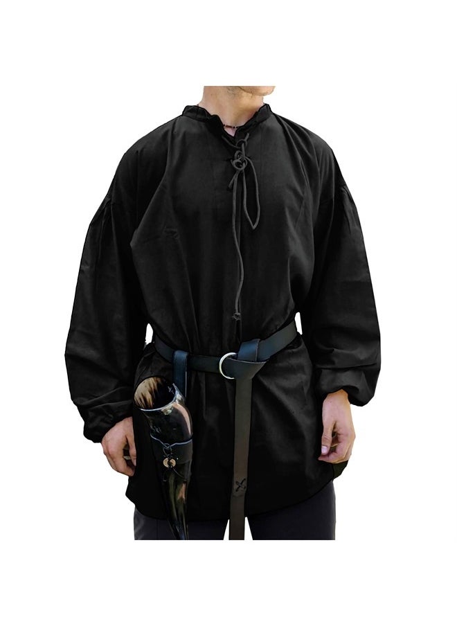 Mythrojan - “Adventurer” Shirt with Lacing 100% Cotton Medieval Viking SCA LARP-XL Black - Image 1