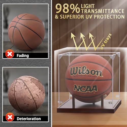 swakuszy Clear Acrylic Basketball Display Case 102 With Solid Wood Base Photo Stand Corner Guards for FullSize Memorabilia - Image 3