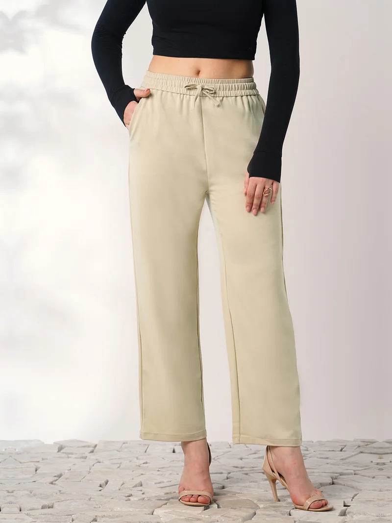 globus Women Beige Mid Rise Elasticated Waist Relaxed Fit Trousers