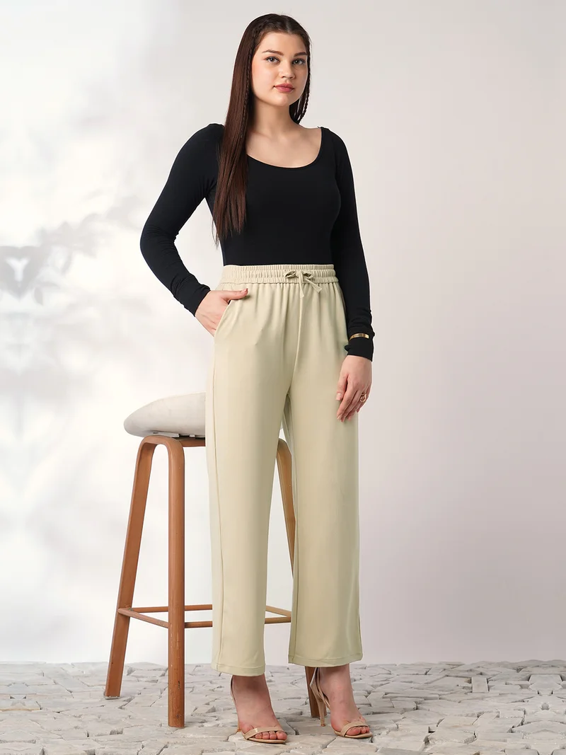 globus Women Beige Mid Rise Elasticated Waist Relaxed Fit Trousers