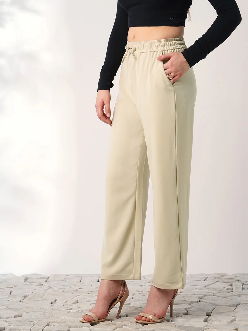 globus Women Beige Mid Rise Elasticated Waist Relaxed Fit Trousers