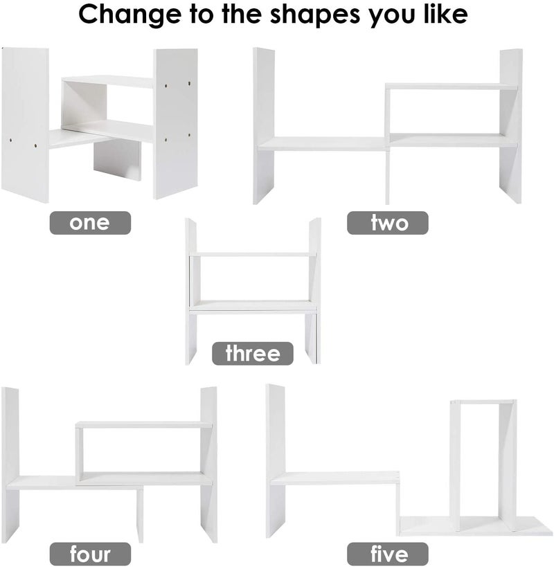 Callas Adjustable Wood Desktop Storage Organizer Display Shelf Rack | Spice Rack | Counter Top Bookcase Book Shelf | Home Décor Display & Storage Rack Cabinet Unit | Parent (BS-1-White) - Image 5