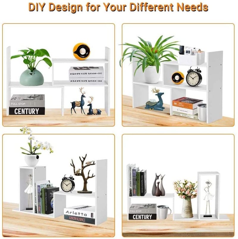 Callas Adjustable Wood Desktop Storage Organizer Display Shelf Rack | Spice Rack | Counter Top Bookcase Book Shelf | Home Décor Display & Storage Rack Cabinet Unit | Parent (BS-1-White) - Image 2