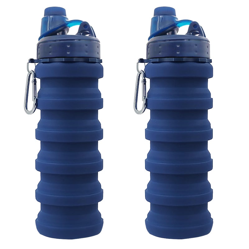 YCTMALL Collapsible Water Bottles Two Pack - Travel Sports Portable Silicone Water-proof Camping Bottle with Mountaineering Buckle (500ml, Dark Blue & Blue) - Image 1