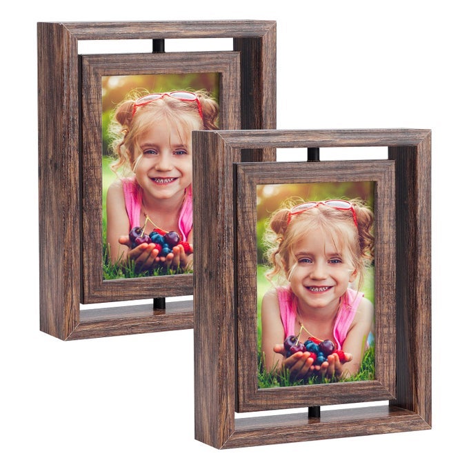 2 PACK 4X6 PICTURE FRAMES ROTATING FLOATING PHOTO FRAME WOODEN 2 SIDED FRAMES FOR VERTICAL OR HORIZONTAL TABLETOP DISPLAY