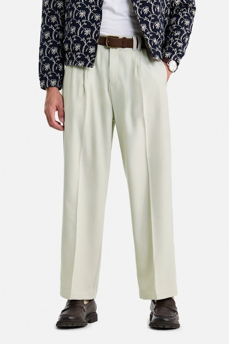 SNITCH Off White Solid Loose Fit Casual Trousers