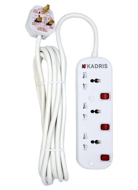 Power Strips S531 Heavy Duty Extension Cord with 3 way Outlets with individual switch, Charging Socket with 5 meter Heat resistant  Extension Cord (White)