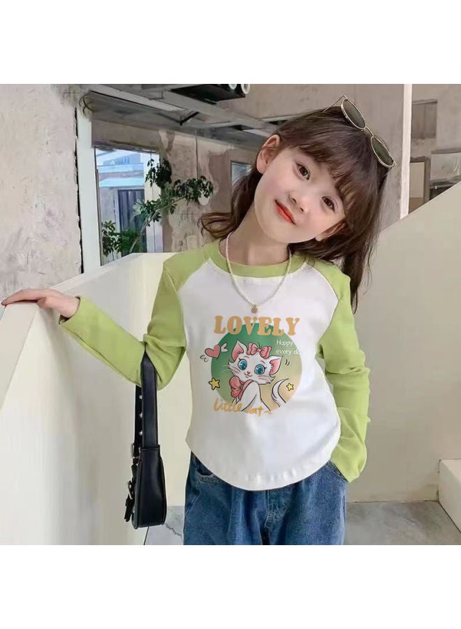 Girls' Base Shirt New Cartoon Trendy Curved Pure Cotton Long-sleeve Color-block T-shirt Spring And Autumn Stylish Versatile For Older Children