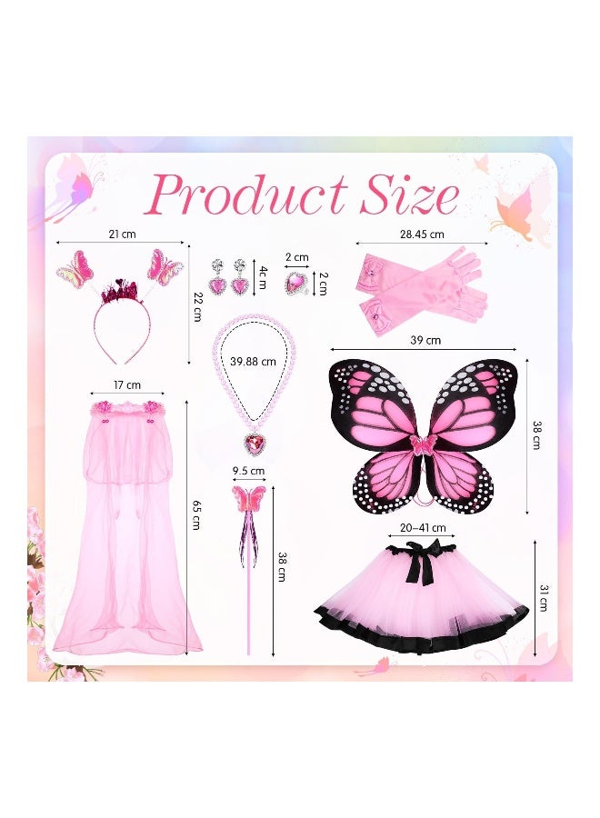 10 Pcs Girls Butterfly Costume Set Fairy Princess Tutu Dress Wings Veil Wand Headband for Birthday Up Pink Black Spotted Style