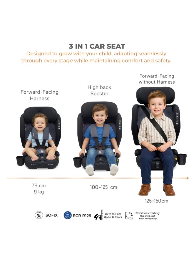Neobreez i-GENTO Compact Air Travel Car Seat,i-Size ECER129 ,Adjustable Headrest,Side Impact Protection,ISOFIX&Top Tether,Compact Foldable&Portable,Group1/2/3(Upto 12yrs,9-36 kg)-Black Grey - Image 3
