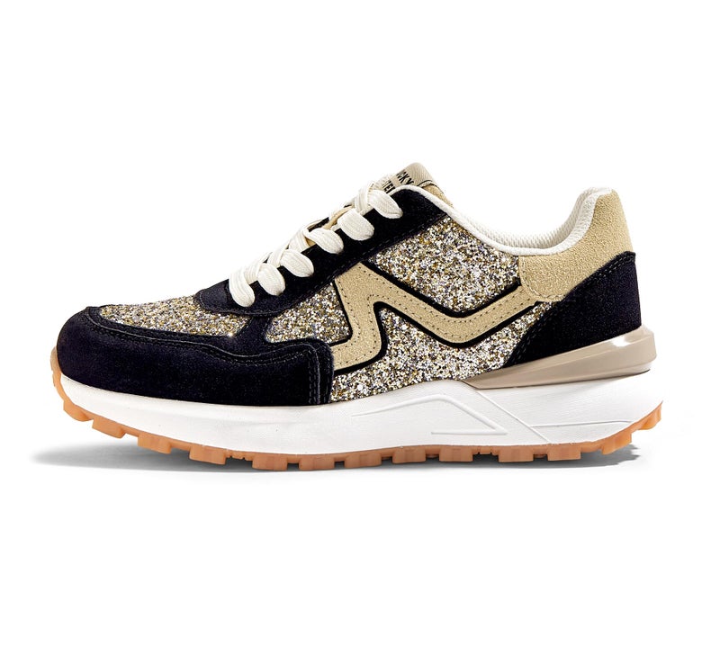 LUCKY STEP Women's Retro Fashion Casual Sneakers Platform Classic Trendy Trainning Anti-Slip Tennis Travel Walking Shoes(Gold/Black,8) - Image 1