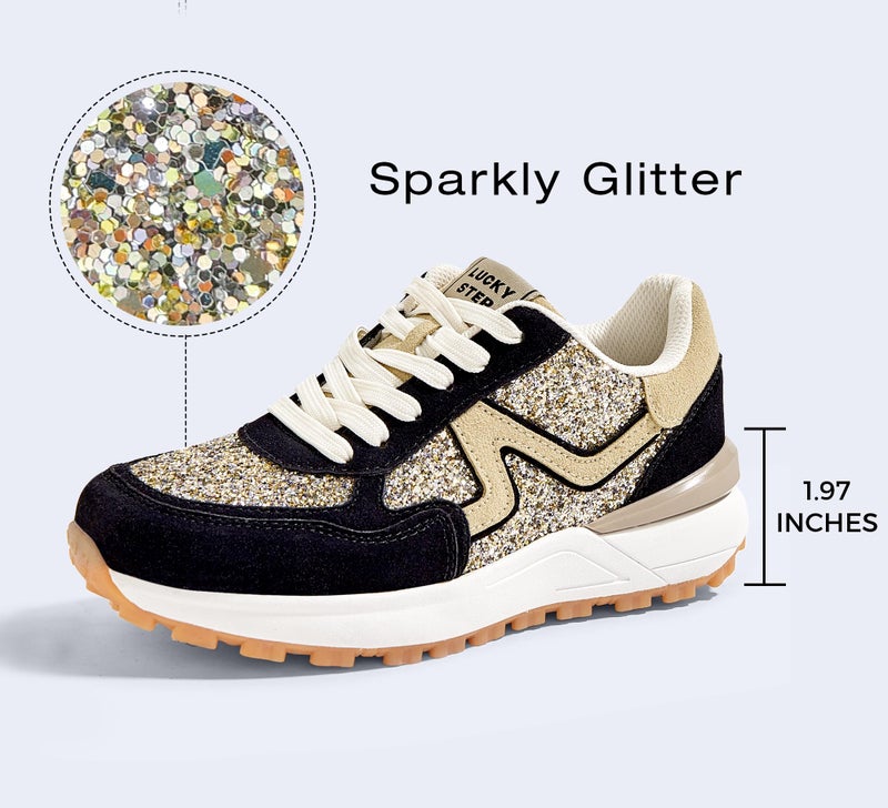 LUCKY STEP Women's Retro Fashion Casual Sneakers Platform Classic Trendy Trainning Anti-Slip Tennis Travel Walking Shoes(Gold/Black,8) - Image 3