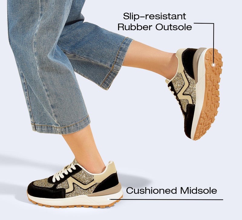 LUCKY STEP Women's Retro Fashion Casual Sneakers Platform Classic Trendy Trainning Anti-Slip Tennis Travel Walking Shoes(Gold/Black,8) - Image 4