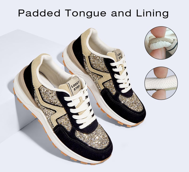 LUCKY STEP Women's Retro Fashion Casual Sneakers Platform Classic Trendy Trainning Anti-Slip Tennis Travel Walking Shoes(Gold/Black,8) - Image 5
