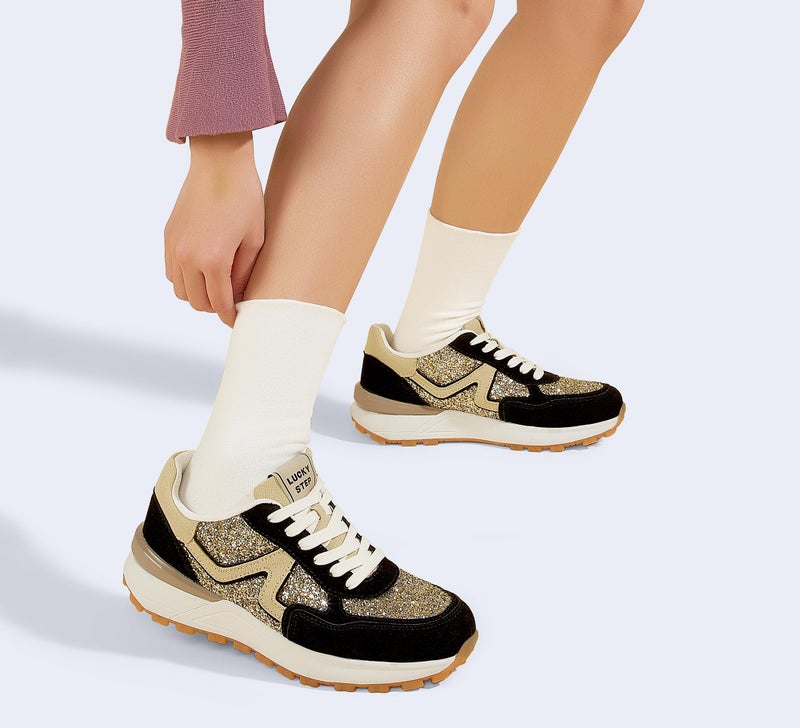 LUCKY STEP Women's Retro Fashion Casual Sneakers Platform Classic Trendy Trainning Anti-Slip Tennis Travel Walking Shoes(Gold/Black,8) - Image 2