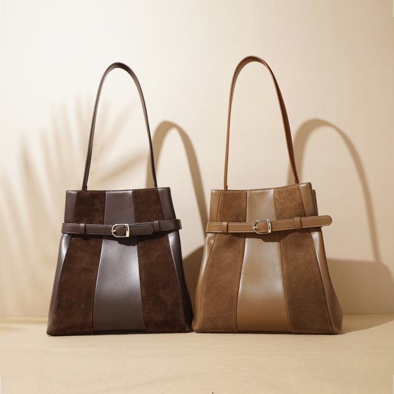 2025 Autumn New Style Cowhide High-End Vintage Large Capacity Genuine Leather Striped Patchwork Single-Shoulder Commuter Women'S Tote Bag - Image 4