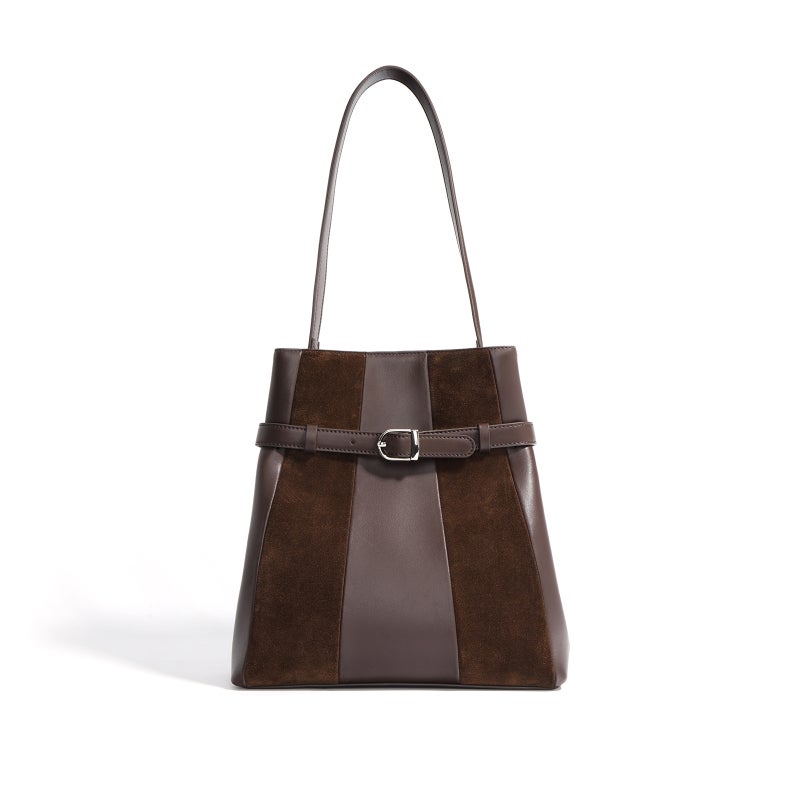 2025 Autumn New Style Cowhide High-End Vintage Large Capacity Genuine Leather Striped Patchwork Single-Shoulder Commuter Women'S Tote Bag - Image 1