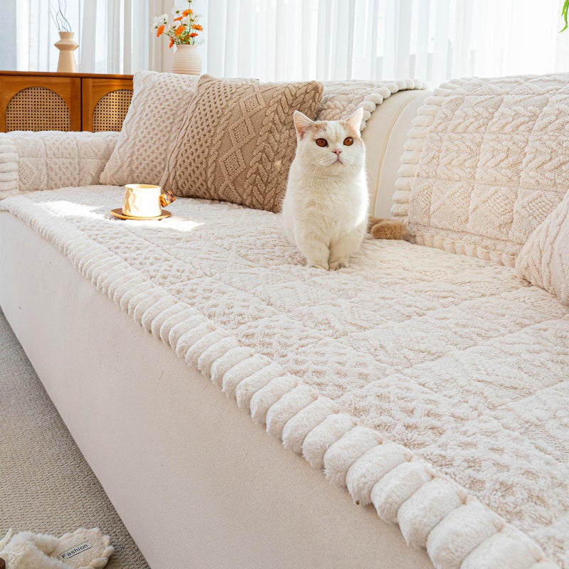 MDSASFD Sofa Pad, Plush Couch Cover Washable for Pet, Non-Slip Warm Couchs Cover, Funny Fuzzy Pet Couch Covers for Sofa, Sofa Slipcovers Furniture Covers for L Shaped(Beige White, 27.6"x 59") - Image 1
