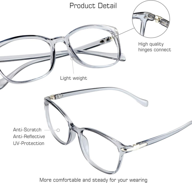 VisionGlobal Blue Light Blocking Glasses for Women/Men, Anti Eyestrain, Computer Reading, TV Glasses, Stylish Square Frame, Anti Glare(Clear Gray,+1.75 Magnification) - Image 2