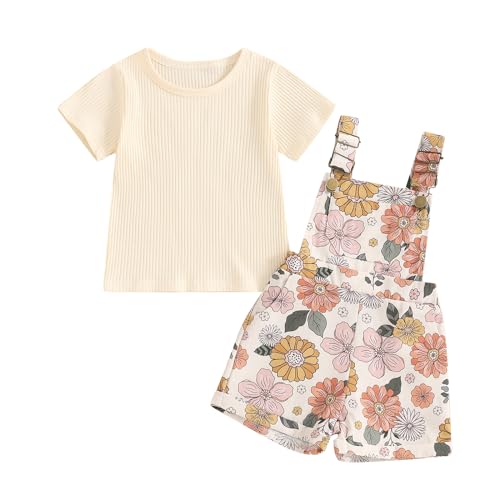 Lucikamy Toddler Baby Girls Summer Outfit Short Sleeve Ribbed Tops + Flower Suspender Overalls Shorts Set Kids Cute Clothes (Beige Top + Flower, 2-3 Years) - Image 1