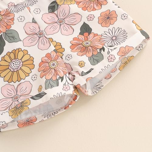 Lucikamy Toddler Baby Girls Summer Outfit Short Sleeve Ribbed Tops + Flower Suspender Overalls Shorts Set Kids Cute Clothes (Beige Top + Flower, 2-3 Years) - Image 5