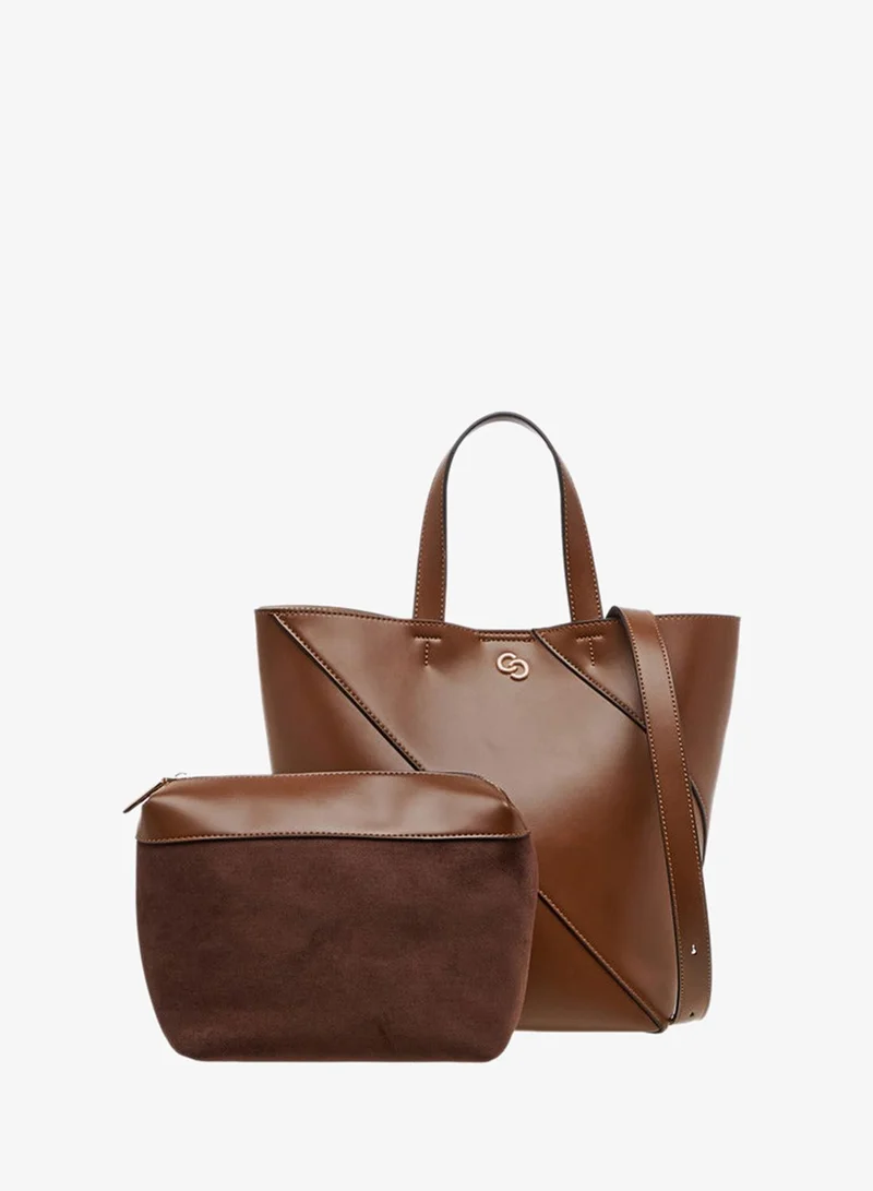 Panelled Tote Bag with Double Handle and Pouch