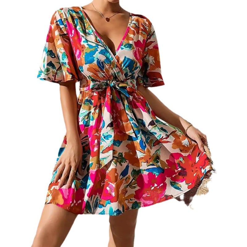 Women's Floral Print Cross Neck Belted Dress - Image 5