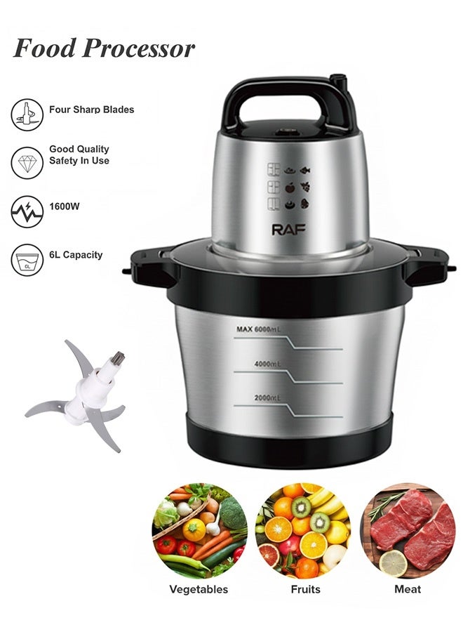 RAF Multi-Functional Electric Food Chopper, 6L Grinder Meat with 4-Blades for Nuts,Meat,Onion,Garlic,Baby Food,1600W,Black/Silver - Image 1
