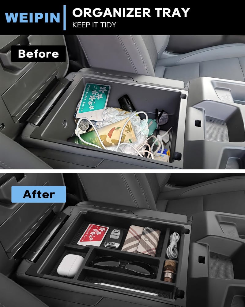 WEIPIN Silverado Sierra Center Console Organizer - Compatible with 2019-2026 Chevy Silverado/GMC Sierra 1500 - 2020-2026 Chevrolet Silverado/ Sierra 2500HD 3500HD - (Split-Bench Folding Seat) - 2 Pack Black - Image 3