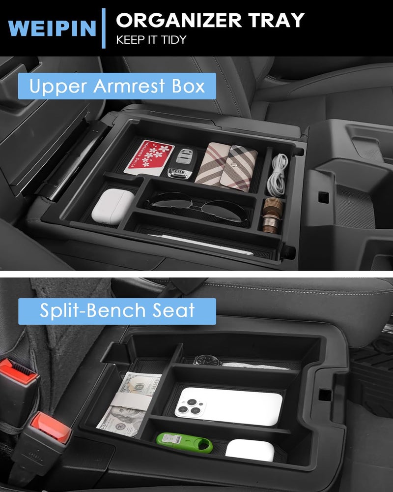 WEIPIN Silverado Sierra Center Console Organizer - Compatible with 2019-2026 Chevy Silverado/GMC Sierra 1500 - 2020-2026 Chevrolet Silverado/ Sierra 2500HD 3500HD - (Split-Bench Folding Seat) - 2 Pack Black - Image 4