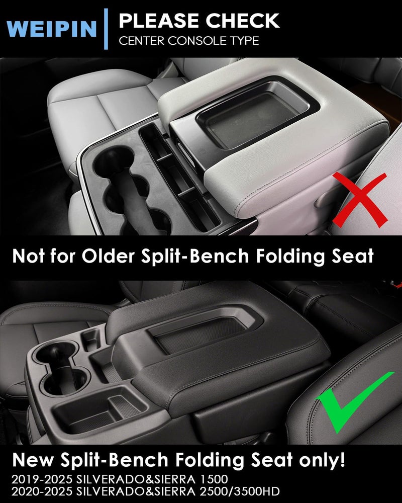 WEIPIN Silverado Sierra Center Console Organizer - Compatible with 2019-2026 Chevy Silverado/GMC Sierra 1500 - 2020-2026 Chevrolet Silverado/ Sierra 2500HD 3500HD - (Split-Bench Folding Seat) - 2 Pack Black - Image 2