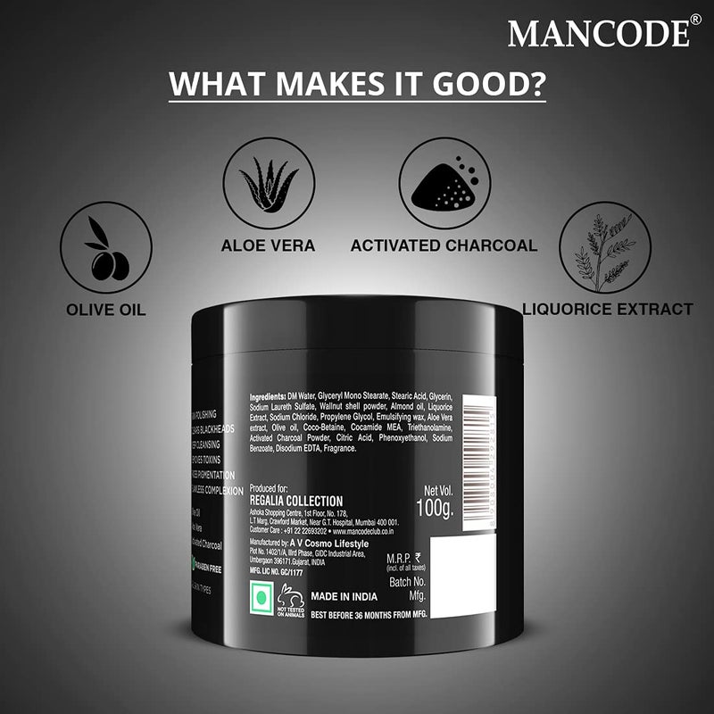 MAN CODE Mancode Charcoal Scrub Blackhead Whitehead Remover Active Detoxifying Effect AntiPollution Face Scrub Deep Pore Cleansing Suitable for Men of all skin types 100gm  - Image 4