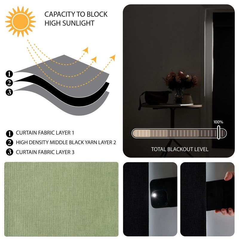 WDFour 100%Blackout French Door Curtains, Triple Layers 100% Light Blocking & UV Protect, Noiseless Adjustable Roller Shade, No Drill Window Blinds for Office, Ward, Home (26"Wx70"L,Matcha,Pack of 1) - Image 3