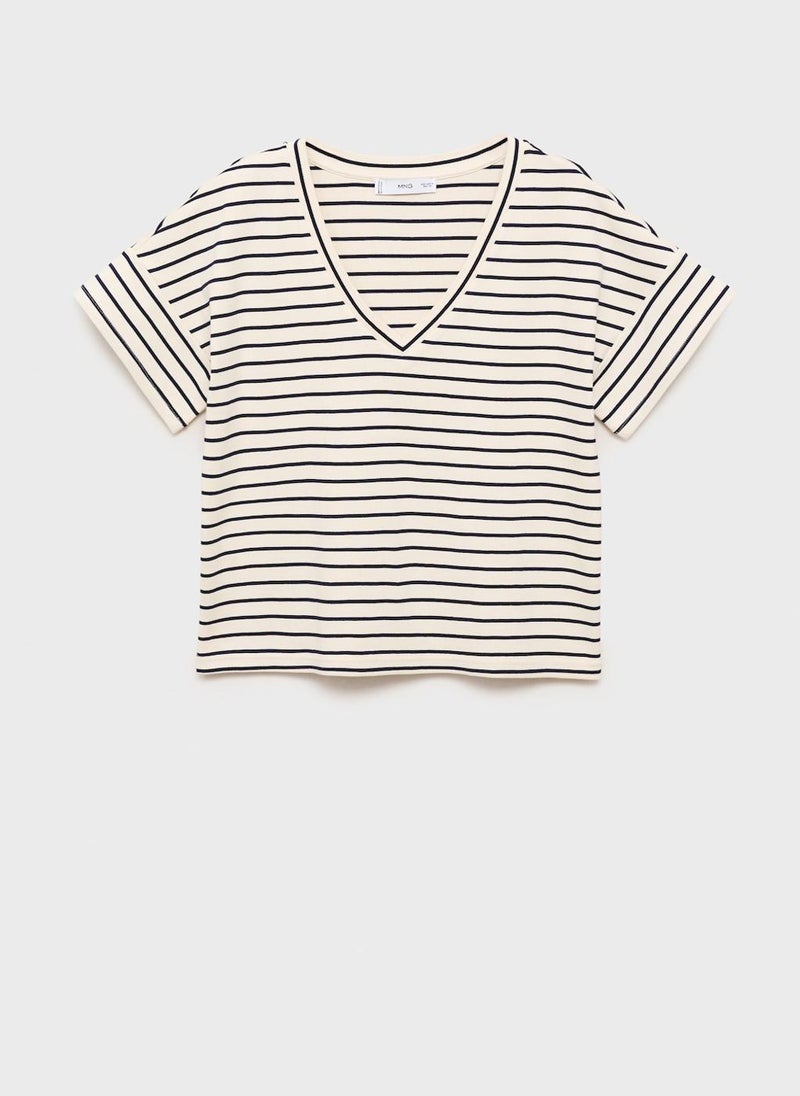 MANGO - V-Neck Striped T-Shirt - Image 1