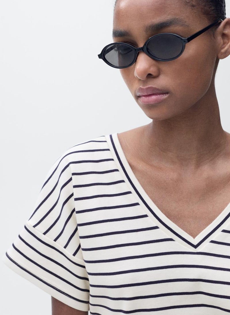 MANGO - V-Neck Striped T-Shirt - Image 1