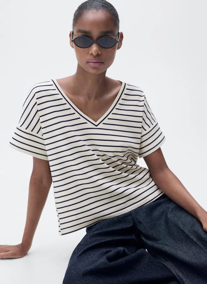 MANGO V-Neck Striped T-Shirt