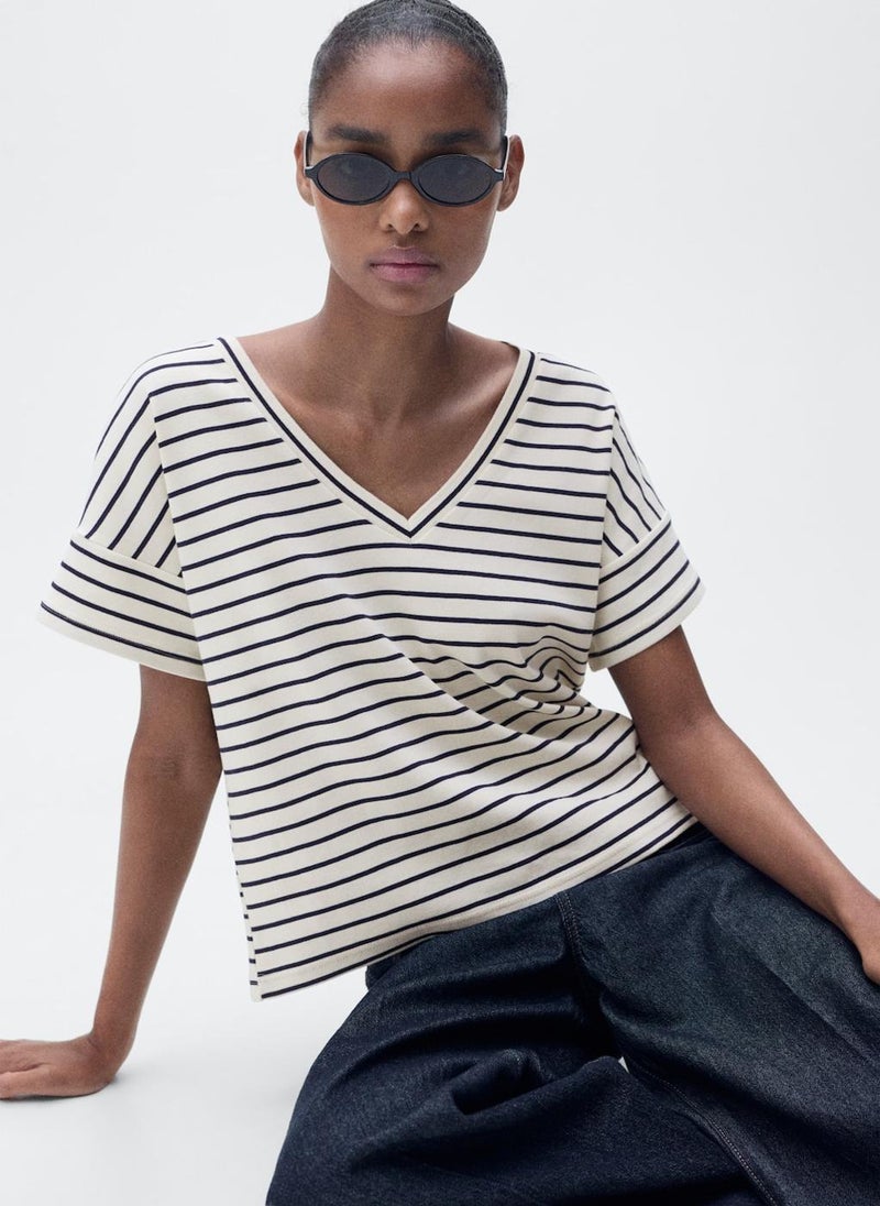 MANGO - V-Neck Striped T-Shirt - Image 1