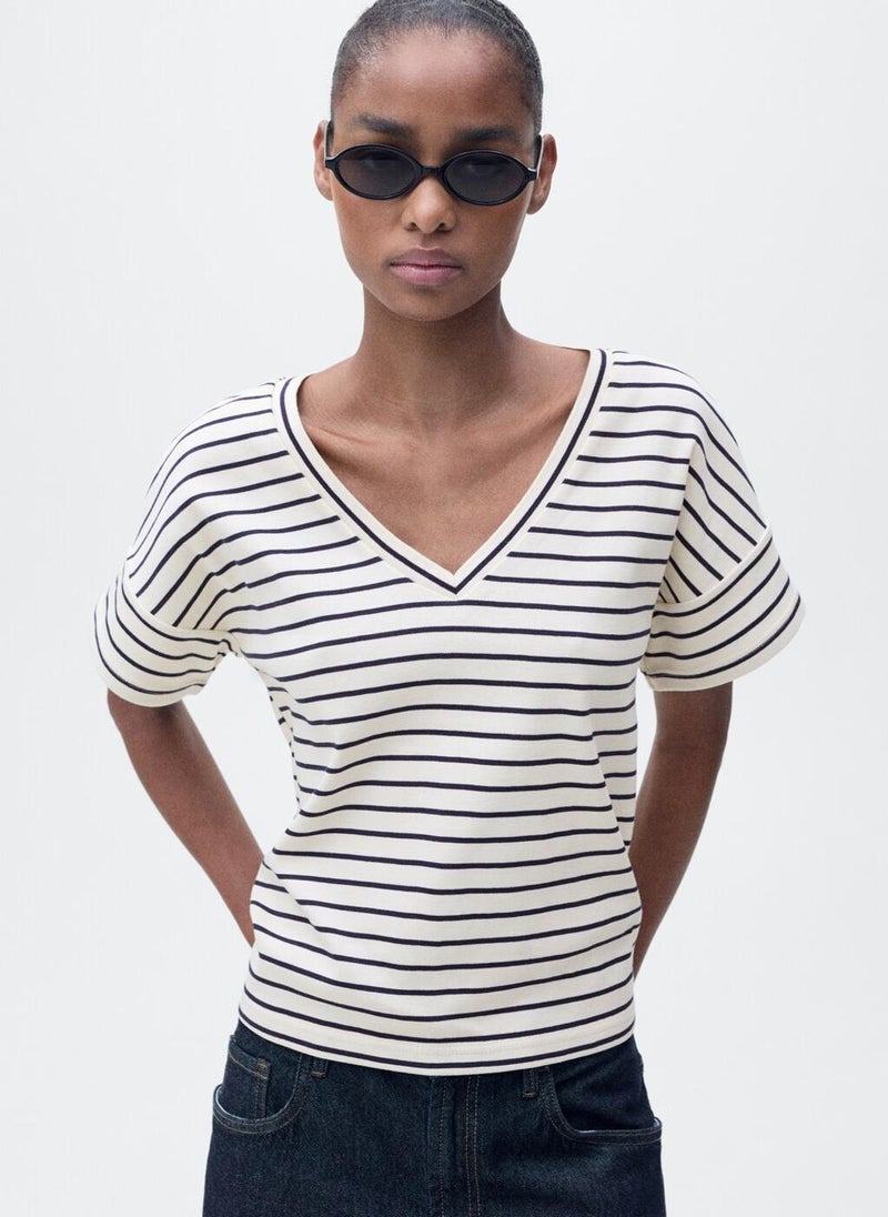 MANGO - V-Neck Striped T-Shirt - Image 1