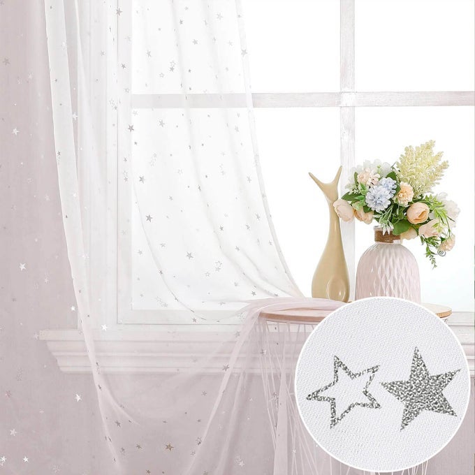 WHITE SHEER STAR CURTAINS 84 INCHES LONG 2 PANEL SETS KIDS ROOM SEMI SHEER VOILE TULLE CURTAINS ROD POCKET GLITTER STARRY GAUZE SPACE WINDOW DRAPES FOR LIVING ROOM GIRLS BEDROOM NURSERY