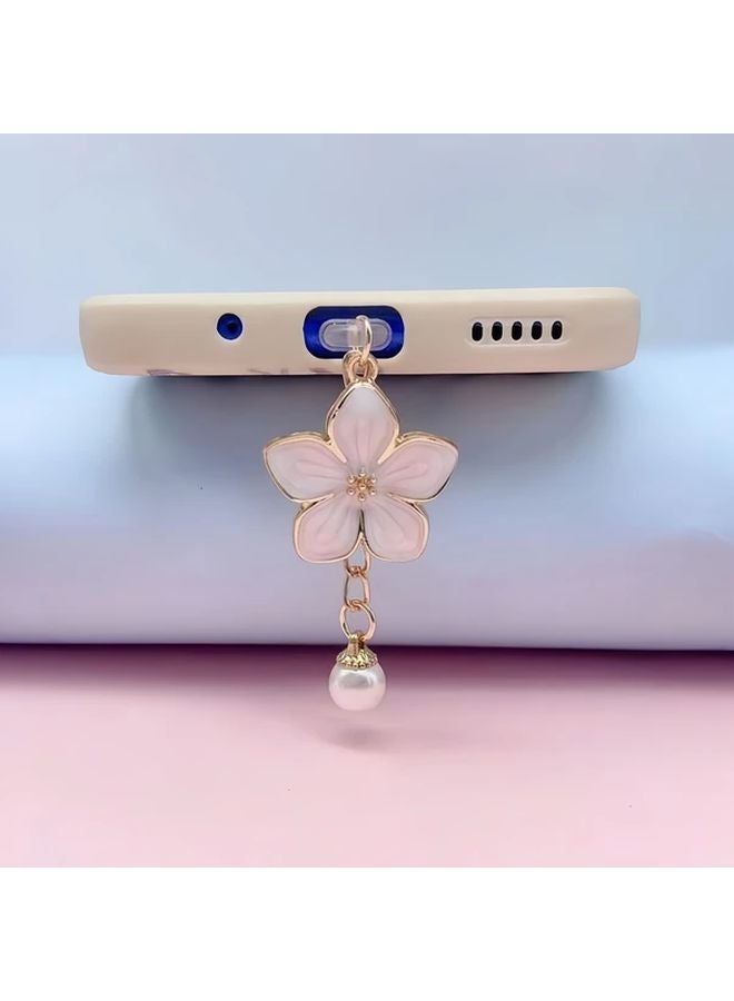 سدادة غبار اللؤلؤ الوردي لشاحن آيفون 5-14، هديمة زهر الكرز الرقيقة - Image 1