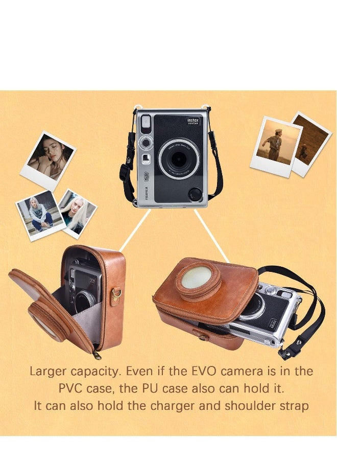 حافظة واقية لكاميرا فوجي فيلم إنستكس ميني إيفو، حافظة جلدية PU عتيقة لكاميرا ميني إيفو الفورية، غطاء بسعة عالية مع حزام كتف قابل للإزالة، بني قديم - Image 2