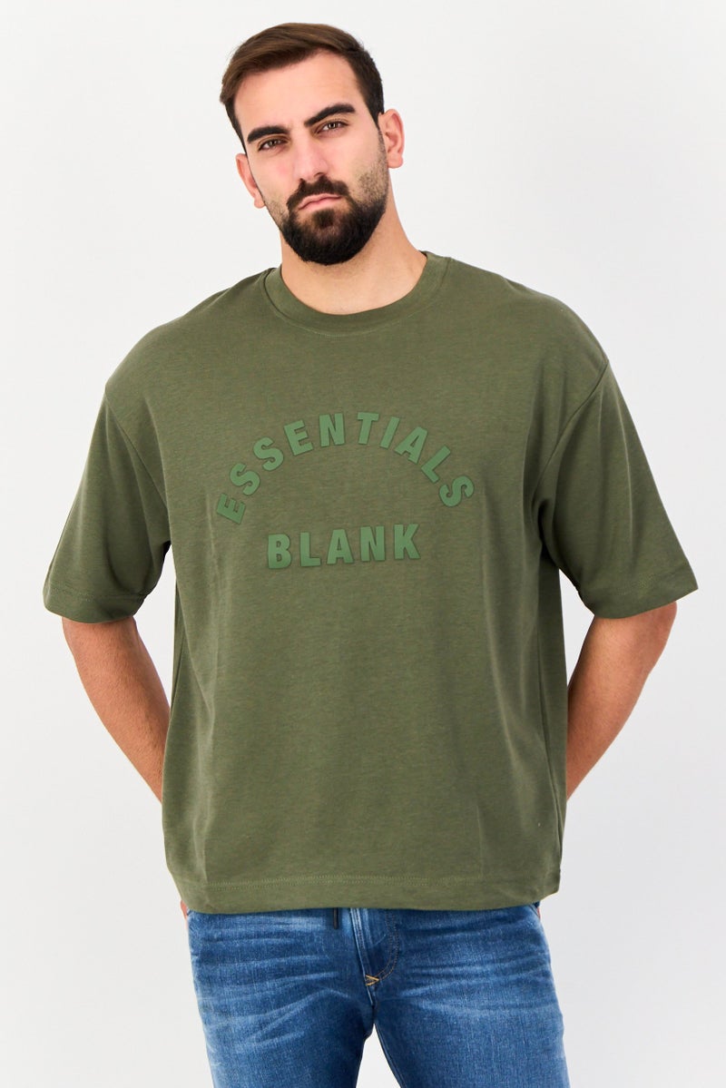Blank Essentials Men Crew Neck Short Sleeve Brand Logo T-Shirt, Olive - Image 1